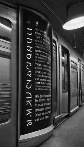 Create a poem inspired by the sleek design of the Frutiger Metro signage.,hollywood metro station,illuminated advertising,blackandwhitephotography,subway system,underground,letter board,subway station