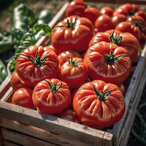 Denethor tomatoes, fresh picked, vibrant red color, juicy texture, green leafy stem, detailed wrinkles on skin, sitting on a wooden crate, rustic farm setting, natural sunlight, soft focus, shallow de