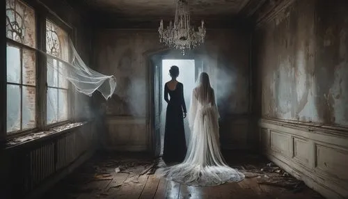 dead bride,apparition,gothic portrait,wedding dresses,dance of death,mirror of souls,the angel with the veronica veil,the threshold of the house,photomanipulation,mourning swan,dark art,luxury decay,wedding gown,ghost castle,lover's grief,silver wedding,bridal clothing,witch house,hall of the fallen,banishment,Unique,Design,Knolling