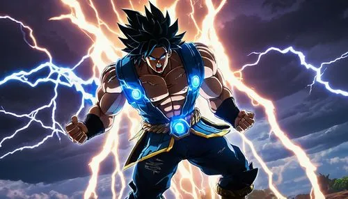 Broly, Fortnite Skin, muscular male, powerful build, spiky black hair, fierce gaze, intense facial expression, battle-scarred skin, torn sleeveless shirt, ripped jeans, combat boots, metallic armor pi