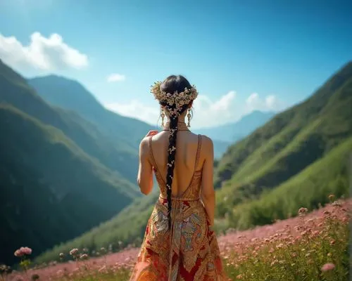 girl in flowers,girl in a long dress from the back,the valley of flowers,girl in a long dress,cheongsam,floral dress