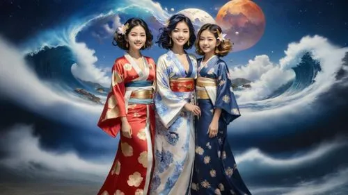 create a photo realistic image of three beautiful  Japanese very voluptuous goddesses. They are floating in the void near a nebula in the back ground.  they all have beautiful black hair. the mother o