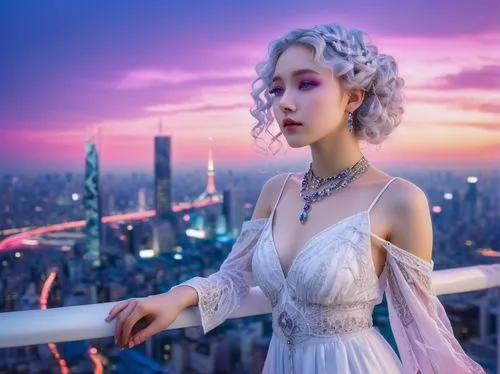 sky rose,sky,above the city,pink dawn,dusk background,japanese sakura background,shanghai,harajuku,fantasy city,bangkok,light purple,hong,asia,hk,azerbaijan azn,rooftop,chongqing,rapunzel,mauve,la violetta,Illustration,Paper based,Paper Based 23