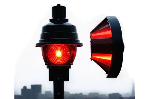 Alarm siren, loud sound, metallic material, red light flashing, emergency response, warning signal, urban setting, dark night, foggy atmosphere, misty background, close-up shot, shallow depth of field