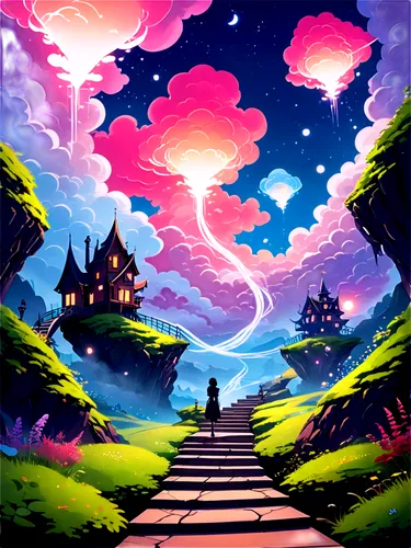 mushroom landscape,wander,magical adventure,the mystical path,earthbound,overworld,dreamlands,pathway,wonderlands,dusk background,realm,dream world,fairy world,dreamscape,fantasy landscape,paths,wonderland,fairyland,the path,dreamland,Illustration,Japanese style,Japanese Style 06