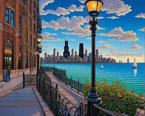 chicago skyline,chicago,chicagoan,metra,navy pier,chicagoland,chicago night,lakefront,lake shore,illinois,cityscape,mke,hildebrandt,dearborn,kenosha,lamp post,birds of chicago,detriot,lakeshore,lake park,Illustration,Realistic Fantasy,Realistic Fantasy 08