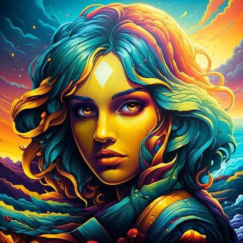 the painting depicts a woman with blue hair,welin,andromeda,transistor,terra,colorful background,fantasy portrait,Illustration,Realistic Fantasy,Realistic Fantasy 25