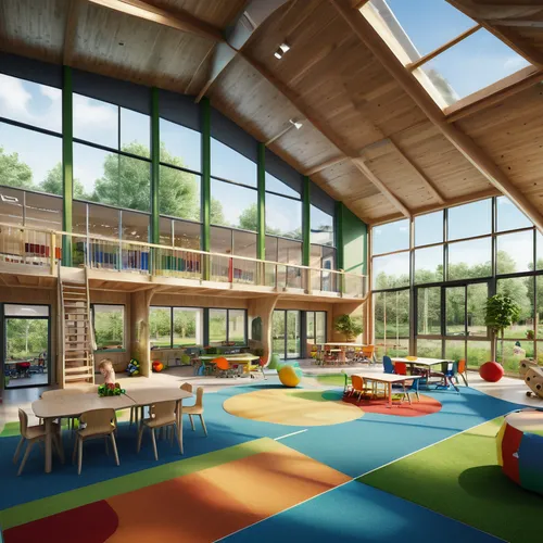 a design of an autistic school with sustainable architecture and biophilic nature, with a therapy section and playground, and a computer room.,school design,children's interior,children's room,gymnast