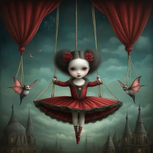 marionette,tumbling doll,butterfly dolls,queen of hearts,little girl fairy,tightrope walker,little girl ballet,evil fairy,flying girl,trapeze,cupid,tightrope,circus show,aerialist,puppeteer,alice,cirque,string puppet,circus,child fairy,Illustration,Abstract Fantasy,Abstract Fantasy 06