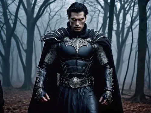 Dark fantasy, mysterious pelquin nightbreed, muscular male, glowing yellow eyes, sharp fangs, black hair with silver streaks, pale skin, intricate tattoos on arms and chest, dark leather armor, silver