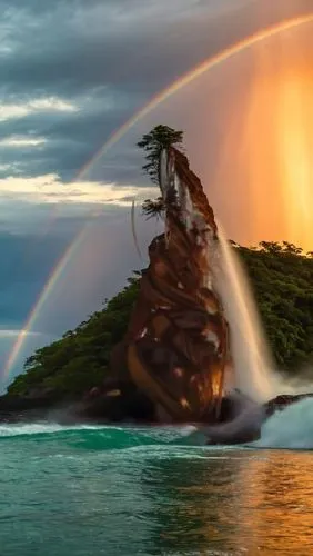 As a massive tropical island rises from the sand, its fiery orange and red hues dance in the wind, their radiant hues dancing gracefully. Lightning streams through the water, forming a rainbow of colo