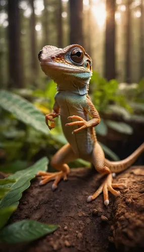 by Franz Lanting, hdr photo, portrait, photorealistic, at dawn, sun rise, cute mini (fiction creature like lizard) in amazon forest is (looking at the viewer) looking at his iphone, lizard has iphone,