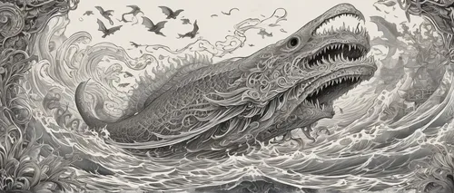 sea monsters,maelstrom,god of the sea,big wave,churning,rogue wave,ocean waves,deep sea nautilus,big waves,book illustration,tsunami,tidal wave,sea storm,water waves,water creature,marine reptile,flotsam and jetsam,whirlpool,birds of the sea,deep sea,Illustration,Black and White,Black and White 03