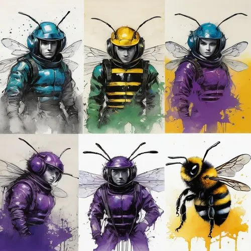  
bumble bee electrician boy pop art in a sumi-e four picture collage by Sarah Creswell :: Luis Royo :: Pino Daeni :: Enki Bilal :: deep and vibrant colors purple blue green yellow orange red ,six bee