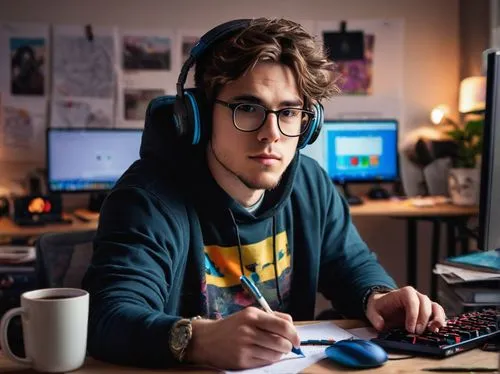 Young adult male, NSFW content creator, messy brown hair, black-rimmed glasses, casual wear, hoodie, ripped jeans, sneakers, sitting, desk, multiple monitors, keyboard, mouse, headphones, papers scatt