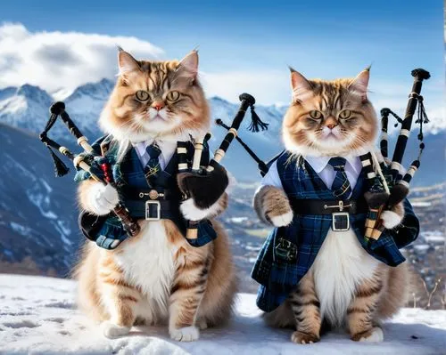 two Persian cats dressed as Scots playing bagpipes,two cats dressed in costume posing with pipe bagpipes,bagpipes,scotsmen,bagpipers,pipers,bagpiper,bagpipe,Photography,General,Natural