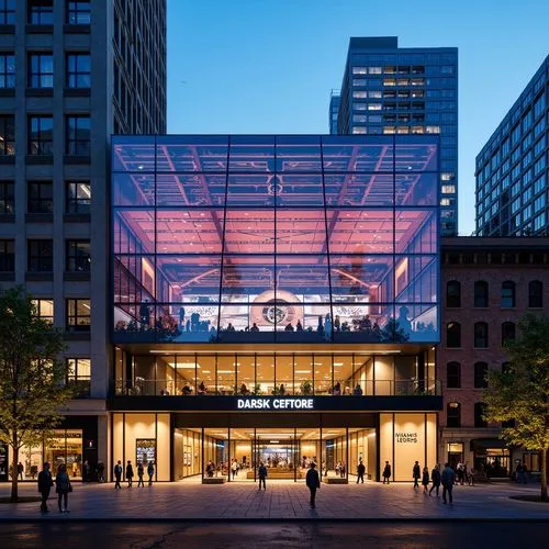 Vibrant performing arts center, dynamic angular facade, LED lighting displays, sweeping curves, cantilevered rooflines, transparent glass walls, grand entrance canopy, polished metal accents, modern m