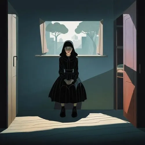 a dark room,goth woman,the little girl's room,the girl in nightie,doll's house,sci fiction illustration,ghost girl,gothic dress,in the door,empty room,in a shadow,perfume bottle silhouette,frame illustration,cold room,witch house,girl in the kitchen,in the shadows,black coat,the mirror,mirror house,Photography,Fashion Photography,Fashion Photography 06