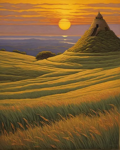 Craft a peaceful poem inspired by the tranquility of a burial mound at sunset.,straw field,dune landscape,rice mountain,rural landscape,an island far away landscape,namib,sand dune,wheat field,ricefie