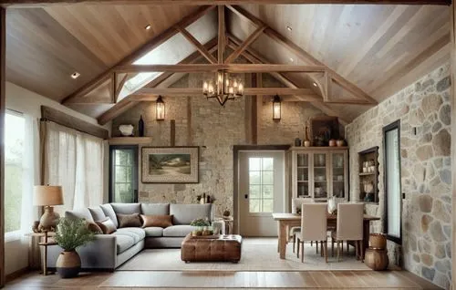 the interior of a room that has several pieces of furniture in it,wooden beams,vaulted ceiling,family room,barnwood,rustic,cochere,Photography,General,Cinematic