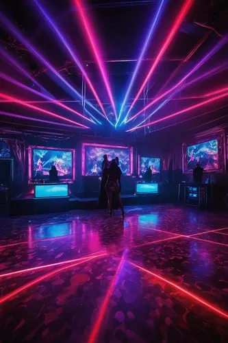 Dance club, luxurious atmosphere, dim red lighting, strobe lights, fog machine, DJ booth, turntables, speakers, metallic structure, neon signs, VIP area, velvet ropes, champagne bottles, glossy floor,