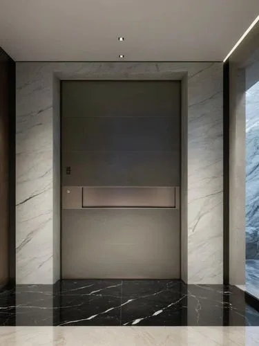 现代极简建大平层筑室内的入户场景，大理石，岩板,elevator,levator,modern minimalist bathroom,elevators,metallic door,hallway space,luxury bathroom,washroom,glass wall,rest room,foyer,modern decor,entryway,room door,hallway,st