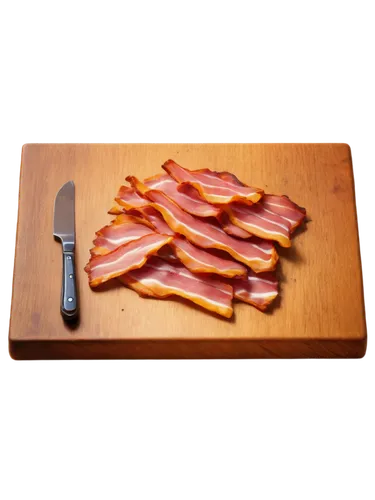 Crispy bacon, golden brown, smoked texture, savory aroma, morning sunlight, 3/4 composition, shallow depth of field, warm color tone, cinematic lighting, solo, food photography, still life, wooden cut