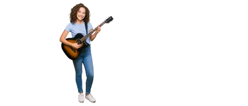 music teacher, female, young adult, standing, holding guitar, curly brown hair, bright smile, casual wear, denim jeans, white sneakers, acoustic guitar, sheet music, wooden floor, softbox lighting, sh