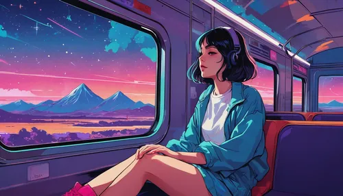 A girl sitting in a train, image, retro, flat, 2.5d, glow, neon landscape, beautiful colorful night sky, stars, simulated color theme, fantasy, line art, ink painting, large ink line, watercolor, goua