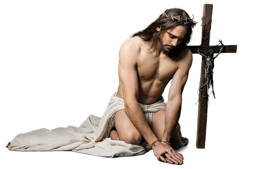 Jesus Christ, crucified, Crown of Thorns, sacred heart, white linen loincloth, nailed hands and feet, sorrowful expression, divine light aura, misty atmosphere, dramatic shadows, low-key lighting, cin