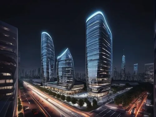 Modern edificius, 3D architectural BIM design, futuristic skyscraper, sleek lines, glass facade, metallic accents, LED lights, nighttime scene, cityscape, bustling streets, crowded sidewalks, automobi