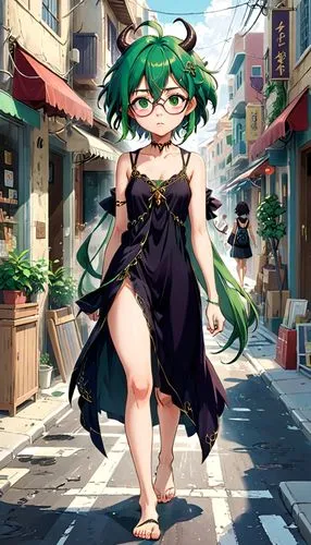 A busy street in Byzantine Alexandria. The people are wearing Byzantine clothing and look shocked. A nerdy, glasses-wearing, horned, barefoot, green-haired, evil druid girl, naked, nude, only wearing 