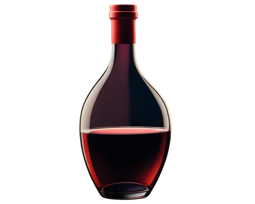 Wine bottle, red wine, glass container, curved body, narrow neck, rounded shoulder, transparent glass, reflective surface, still life, solo object, warm lighting, soft focus, 3/4 composition, shallow 