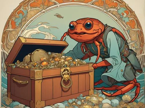 Create a funny cartoon about a mischievous crab stealing a treasure chest.,crab violinist,treasure chest,hermit crab,crab pot,pirate treasure,crab 1,the collector,fiddler crab,crabs,fortune teller,cra