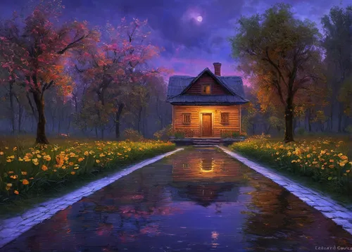 lonely house,home landscape,little house,house in the forest,cottage,summer cottage,house with lake,small house,purple landscape,witch's house,fantasy picture,fisherman's house,country cottage,private house,house by the water,dandelion hall,the threshold of the house,small cabin,farm house,beautiful home,Art,Classical Oil Painting,Classical Oil Painting 18