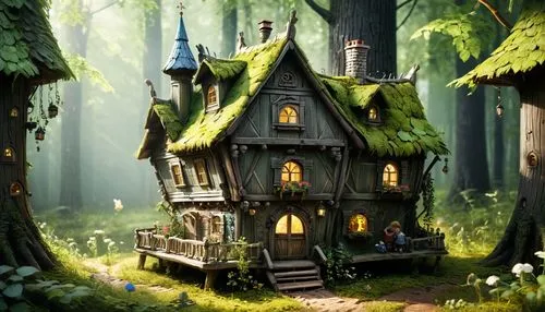 fairy house,house in the forest,witch's house,fairy village,fairy tale castle,miniature house,little house,forest house,fairy door,fairytale castle,dreamhouse,dandelion hall,bird house,witch house,tree house,fairy tale,fairy forest,treehouses,a fairy tale,beautiful home,Conceptual Art,Fantasy,Fantasy 11