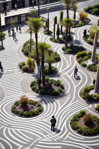 an outdoor landscape plaza for a shopping complex located in jaipur, modern style implimenting the traditional characters of jaipur , eye level view 
,labyrinths,labyrinthine,spiral pattern,landscape 