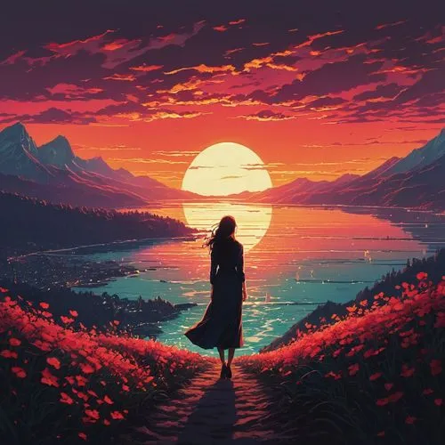 the horizon,sunset,horizon,dusk,red sky,mountain sunrise,dawn,wanderer,way of the roses,landscape background,dusk background,silhouette art,setting sun,world digital painting,sunset glow,sunrise,would a background,desolate,the sun has set,coast sunset,Conceptual Art,Fantasy,Fantasy 32