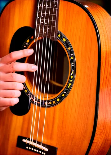 Acoustic guitar, wooden body, steel strings, tuning pegs, fretboard, sound hole, musician's hands, fingers pressing strings, strumming, close-up, shallow depth of field, warm lighting, brown wood text