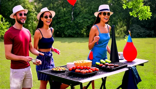 BBQ party, outdoor gathering, summer atmosphere, joyful faces, smiling friends, casual wear, t-shirts, shorts, sunglasses, hats, aprons, grilling food, burgers, hot dogs, salads, refreshing drinks, pi