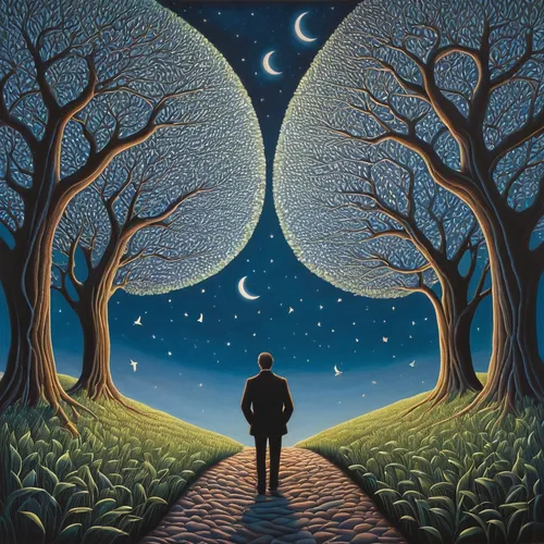 the mystical path,pathway,the path,sleepwalker,night scene,self hypnosis,moonlit night,moon walk,pilgrim,hanging moon,oil painting on canvas,parallel worlds,guiding light,moon phase,forest of dreams,tree grove,astral traveler,astronomer,nature and man,walking man,Illustration,Realistic Fantasy,Realistic Fantasy 11