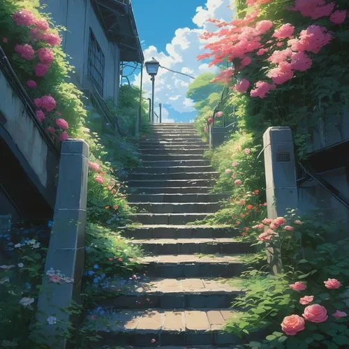 violet evergarden,walkway,pathway,flower shop,corner flowers,flower stand,rosewall,bougainvilleans,falling flowers,everlasting flowers,flower box,landscape rose,stairs to heaven,way of the roses,hydrangeas,bloomgarden,overgrowth,flower garden,summer bloom,alleyway,Illustration,Japanese style,Japanese Style 14