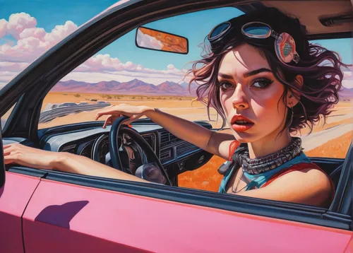 woman in the car,girl in car,girl and car,retro woman,pink car,retro women,witch driving a car,drive,retro girl,80s,behind the wheel,car drawing,elle driver,world digital painting,car keys,detail shot,painting technique,oil on canvas,modern pop art,car hop,Conceptual Art,Daily,Daily 15