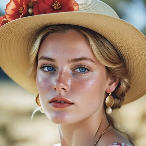 Close-up portrait of a young woman with striking features, displaying a thoughtful or introspective expression. Her face is highlighted by bright blue eyes, red lipstick, and delicate freckles dusting