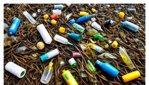 Plastic waste, polluted ocean, sea creatures trapped, plastic bags, bottles, straws, microbeads, entangled seaweed, rusty metal, sharp edges, worn-out surfaces, realistic textures, grimy colors, 3/4 c