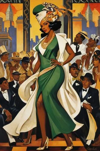 art deco woman,vintage illustration,african american woman,desoto,sophiatown,art deco background,pettiford,attucks,twenties of the twentieth century,juneteenth,ester williams-hollywood,art deco,bronzeville,roaring twenties,ragtime,coretta,leyendecker,suffragist,afro american,colescott,Illustration,Realistic Fantasy,Realistic Fantasy 21