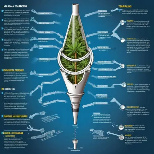 Show me a detailed, realistic mechanical teardown and layout of a 3 part marijuana filtering mechanism. The image should show a funneling process that funnels the cone, a system to move the cone uprig