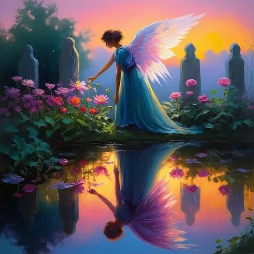 In a twilight garden, a woman with wings of compassion tends to a garden of souls. Each flower she nurtures blooms with vibrant colors, representing the lives she touches. Yet, her own petals remain c