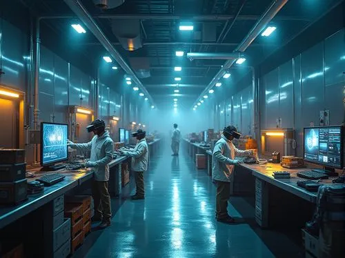 Futuristic distribution center, high-tech atmosphere, sleek metal walls, neon lights, robotic arms, conveyor belts, crates stacked high, futuristic computers, holographic displays, virtual reality hea