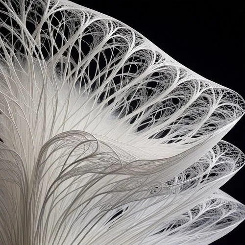 create a close up of a detail of the lattice of fibers ,a large white sculpture of a leaf with many lines,veil,peacock feathers,enoki,ostrich feather,biomimicry,mycena